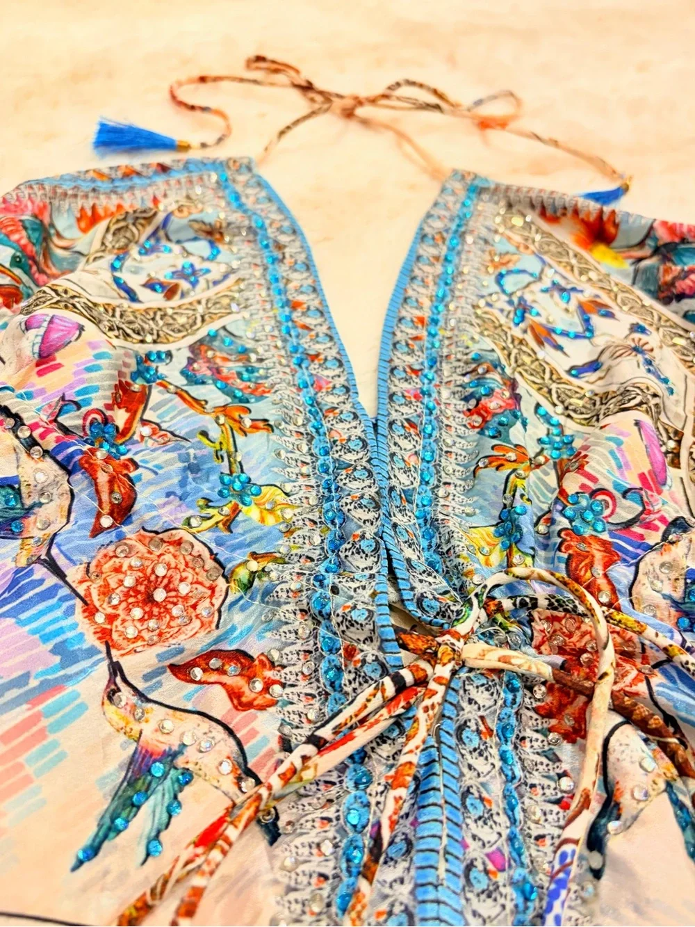๐ง๐ผ Y2K Fairycore Sequin Beaded Sakkas Halter Maxi Dress Euro Summer Boho Floral - Picture 7 of 16
